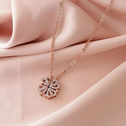 GlobalFlow Special Four Love Hearts and Diamond Leaf Clover Heart RoseGold Necklace