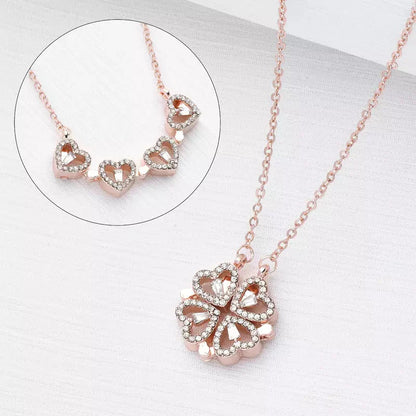 GlobalFlow Special Four Love Hearts and Diamond Leaf Clover Heart RoseGold Necklace