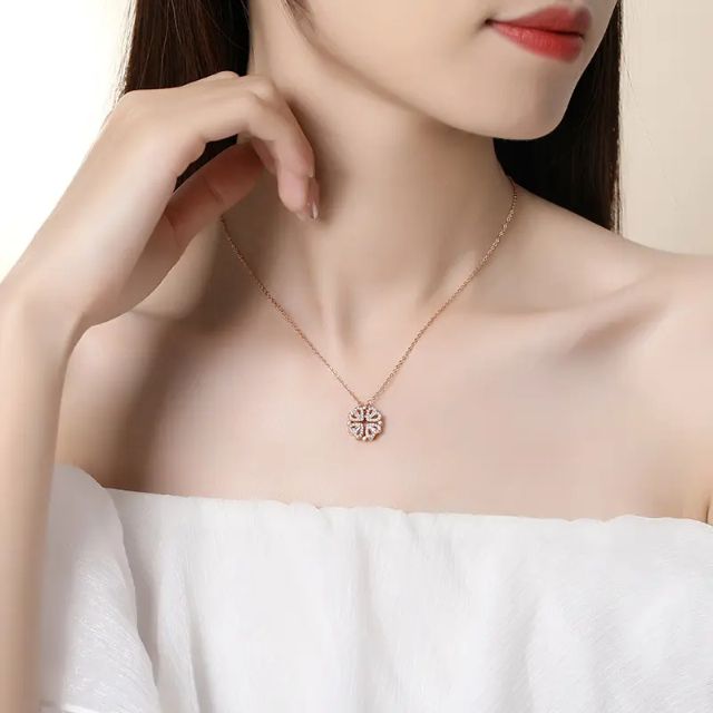 GlobalFlow Special Four Love Hearts and Diamond Leaf Clover Heart RoseGold Necklace