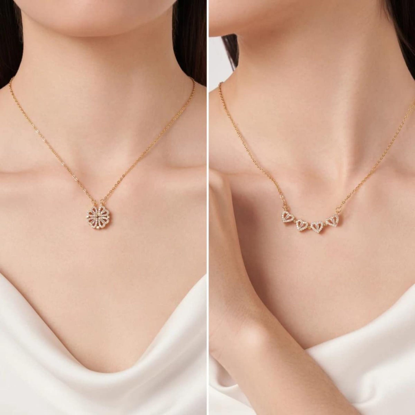 GlobalFlow Special Four Love Hearts and Diamond Leaf Clover Heart RoseGold Necklace